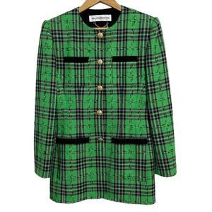 Liz Claiborne Vintage90s Green Plaid Button Down Crushed Velvet Blazer Size 8